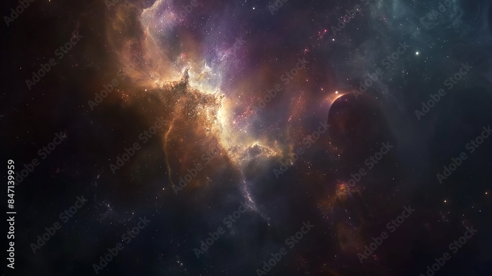 Obraz premium A breathtaking image of a colorful space nebula with hues of purple, blue, and orange