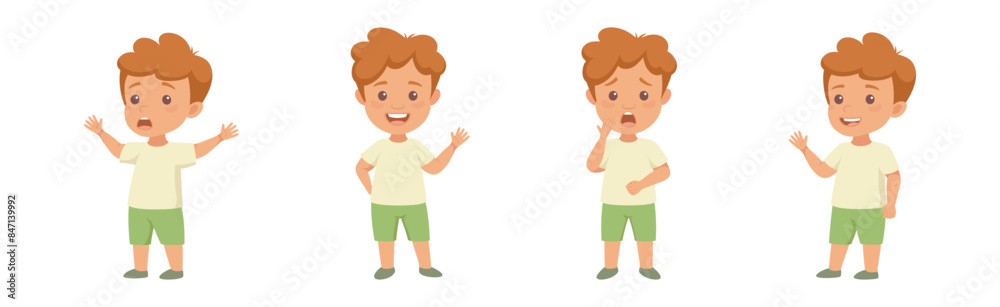 Little Redhead Boy in Green Shorts Having Different Face Emotion and Gesture Vector Set Little Redhead Boy in Green Shorts Having Different Face Emotion and Gesture Vector Set