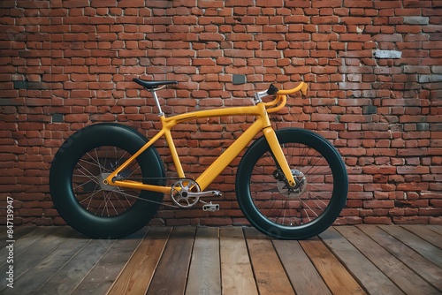 Sleek yellow bike with large wheel parked against rustic brick wall