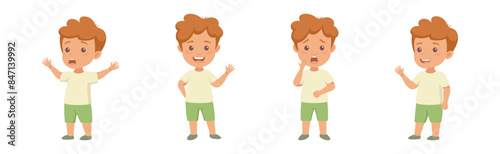 Little Redhead Boy in Green Shorts Having Different Face Emotion and Gesture Vector Set