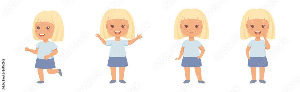 Little Blond Girl with Short Hair Having Different Face Emotion and Gesture Vector Set Little Blond Girl with Short Hair Having Different Face Emotion and Gesture Vector Set