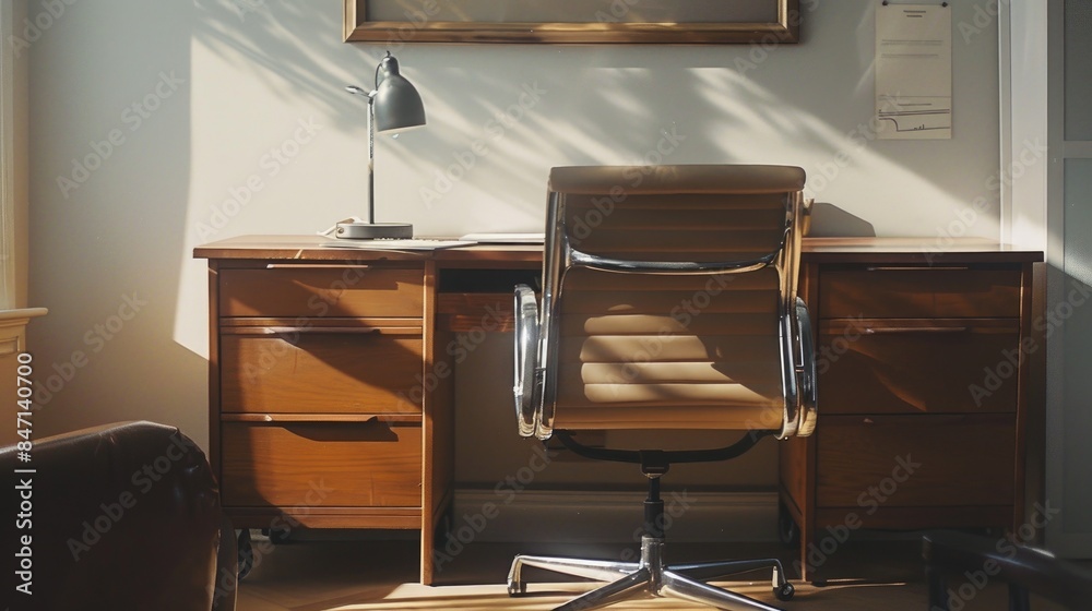 Background image of vintage office with wooden desk, chair, and ...