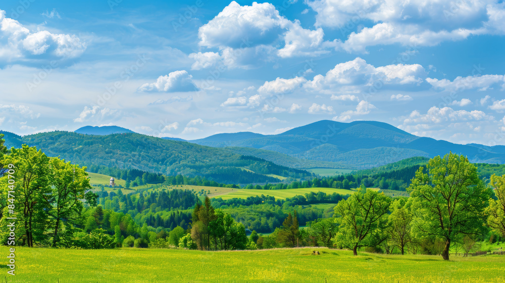 picturesque landscape of green hills and blue mountains under bright sky with fluffy clouds