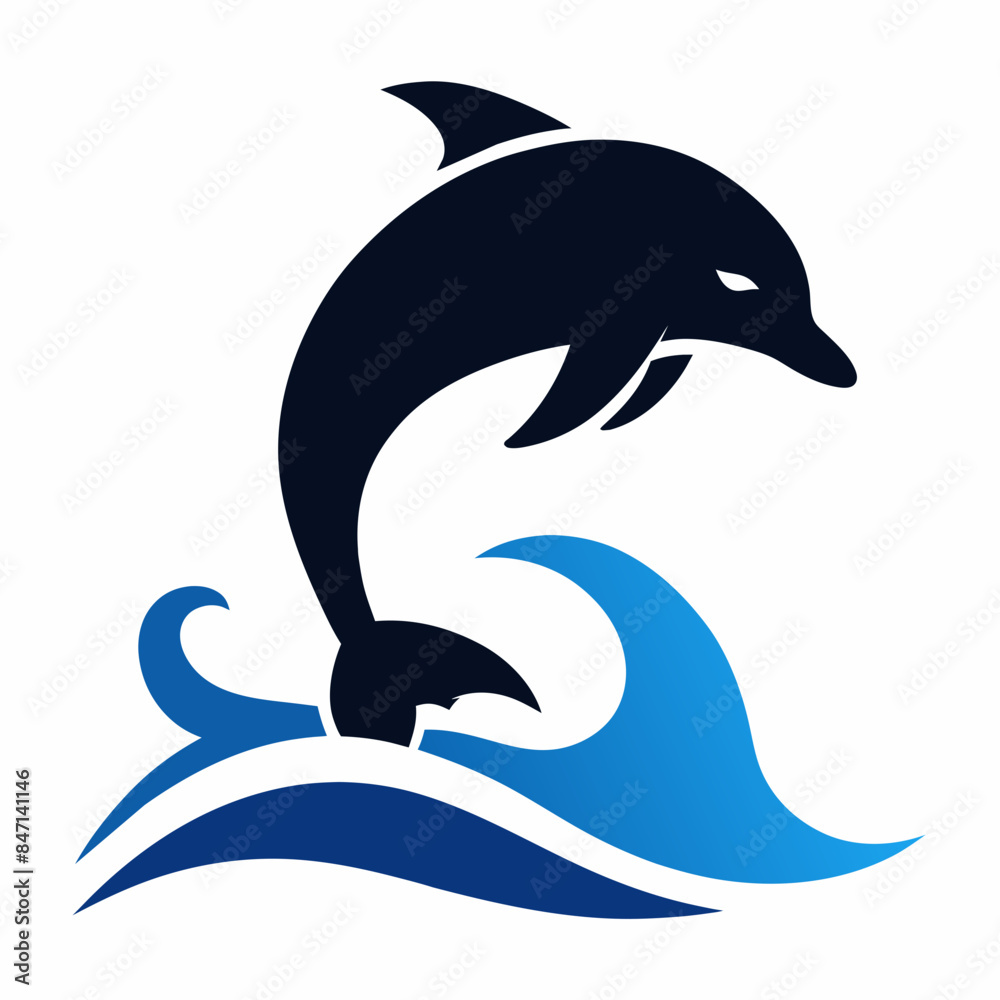 Obraz premium Dolphin over a wave engraving vector silhouette an white background