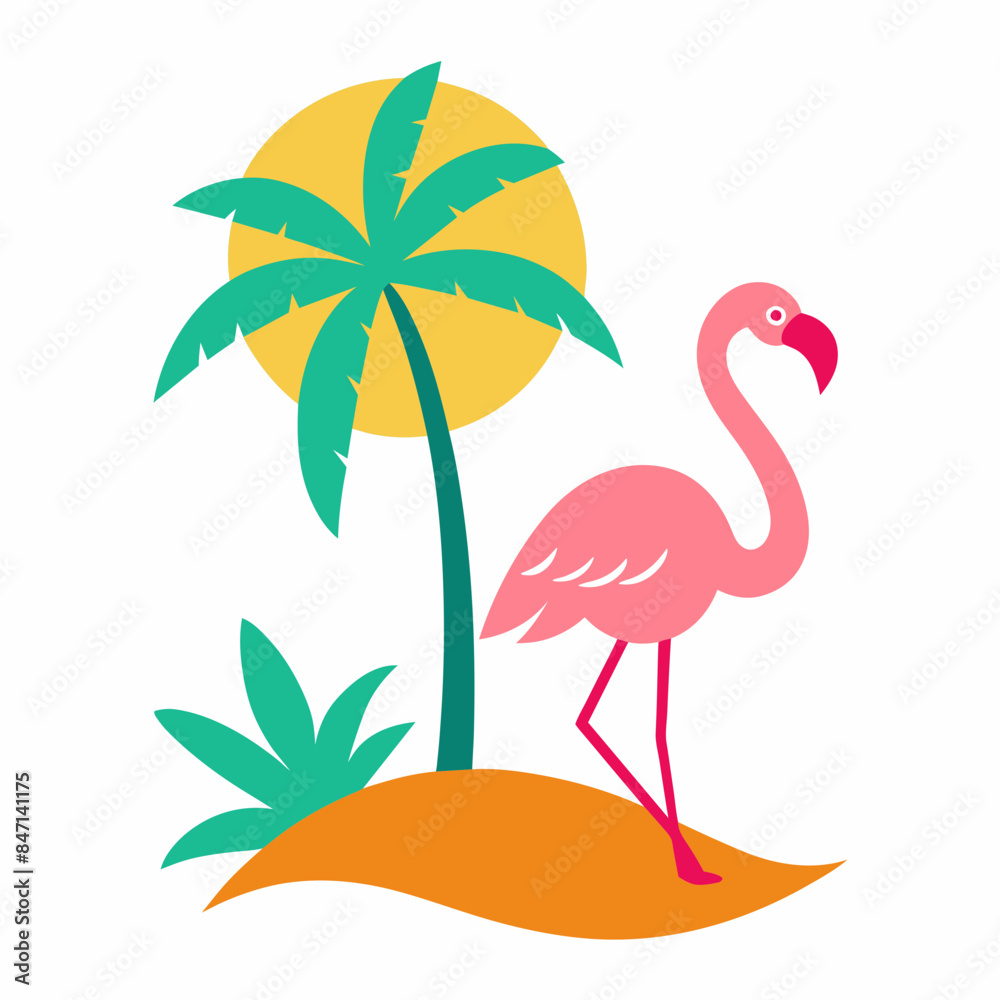 Fototapeta premium Flamingo and summer vibes with palm tree t-shirt design vector illustration, white background