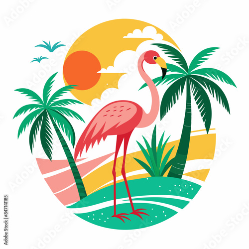 Flamingo and summer vibes with palm tree t-shirt design vector illustration, white background