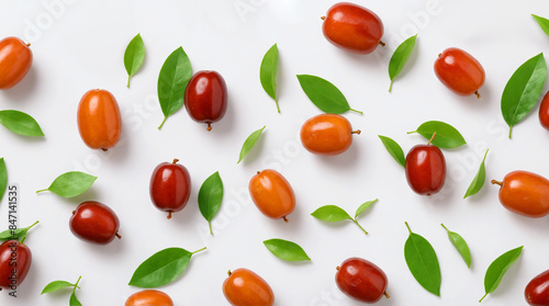 Jojoba seed and leaves on white background, top view, flat lay. Jujube organic plant, natural and fresh food or ingredients
