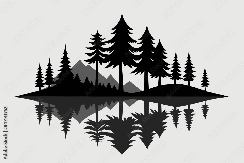 Fototapeta premium Reflection in water, pine tree forest vector silhouette