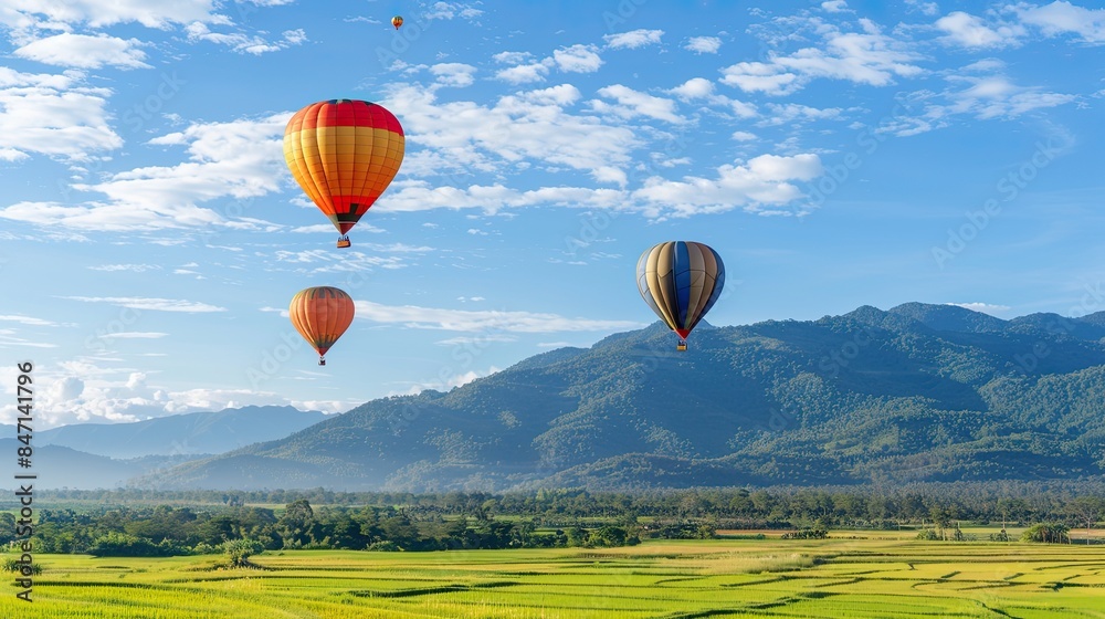 Obraz premium colorful hot air balloons soaring over lush green rice fields in mountainous terrain, set against a backdrop of a blue sky adorned with fluffy clouds, symbolizing adventure and travel.