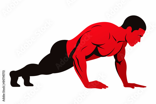 Bodybuilder performing a push-up on the ground vector silhouette on white background