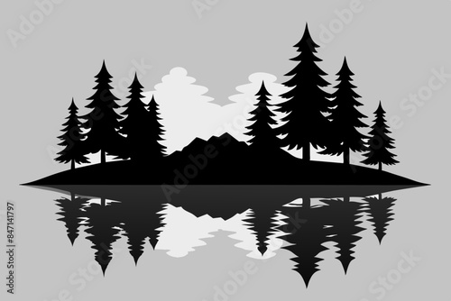 Reflection in water, pine tree forest vector silhouette