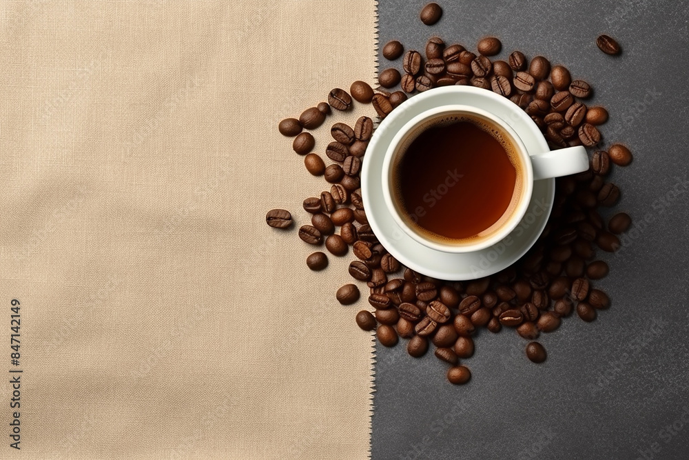 Flat lay, top view Black coffee in coffee cup with coffee beanand on wooden table Flat lay, top view Black coffee in coffee cup with coffee beanand on wooden table