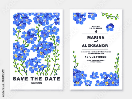 Vector set of forget-me-not flowers postcards. Realistic, drawn, detailed floral patterns. Ready-made posters, separate banners, place for text. Advertising, postcards, banners in social networks.