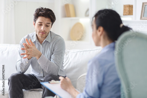 Unhappy man sitting on a couch engaged in conversation with a therapist in a office setting. The man appears focused and attentive while the therapist listens and provides guidance.