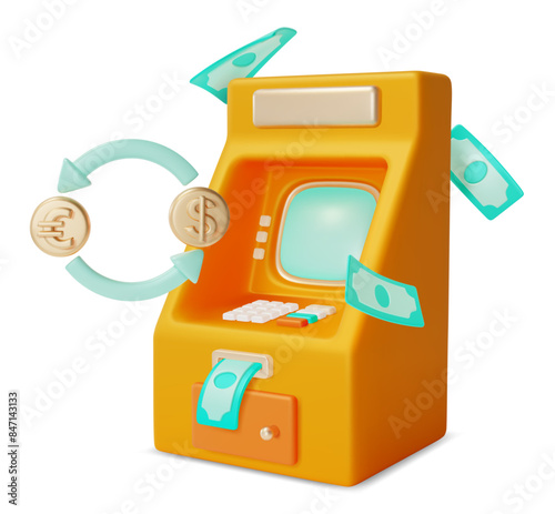 3d Financial and Banking Services Concept Atm Machine and Currency Exchange Cartoon Design Style. Vector illustration