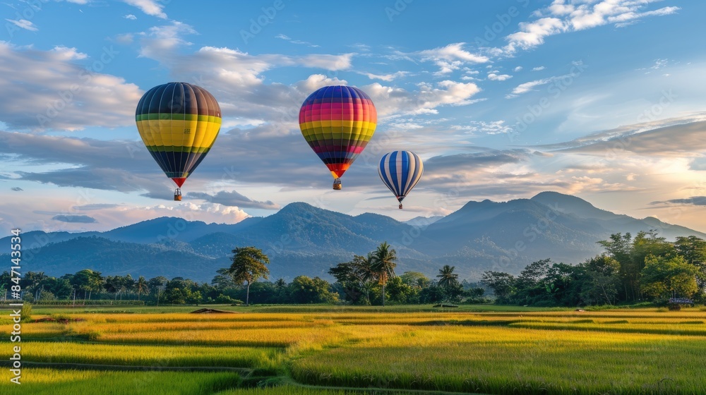 Obraz premium colorful hot air balloons soaring over lush green rice fields in mountainous terrain, set against a backdrop of a blue sky adorned with fluffy clouds, symbolizing adventure and travel.