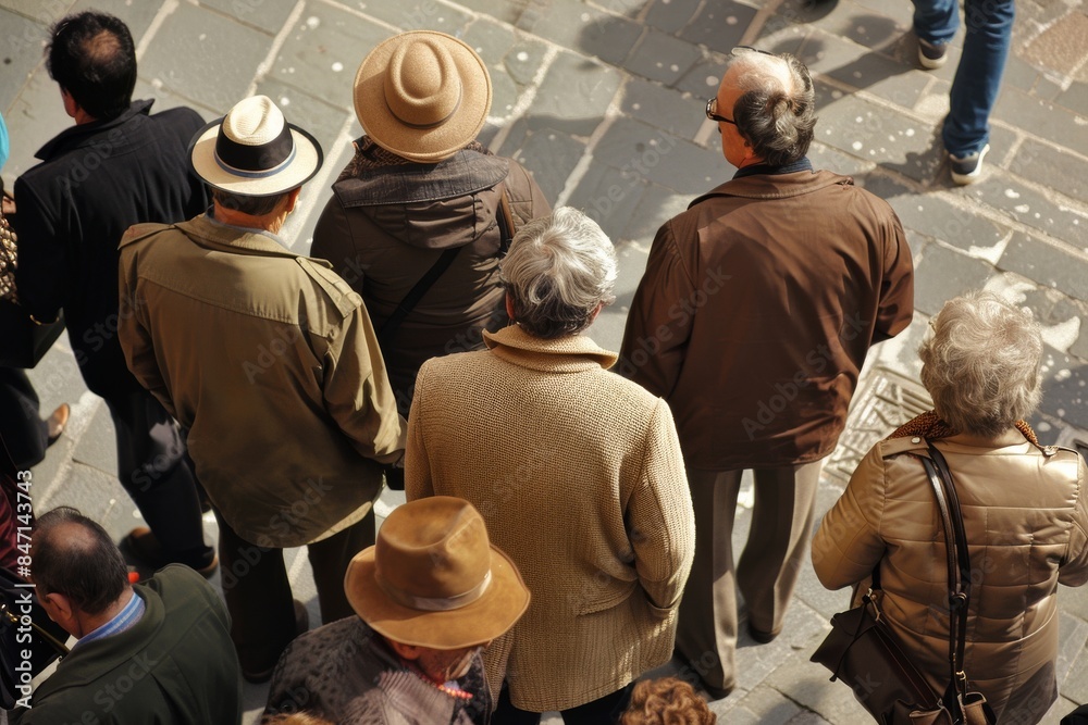 Rear view of a group of people walking in the street. Rear view of a group of people walking in the street.