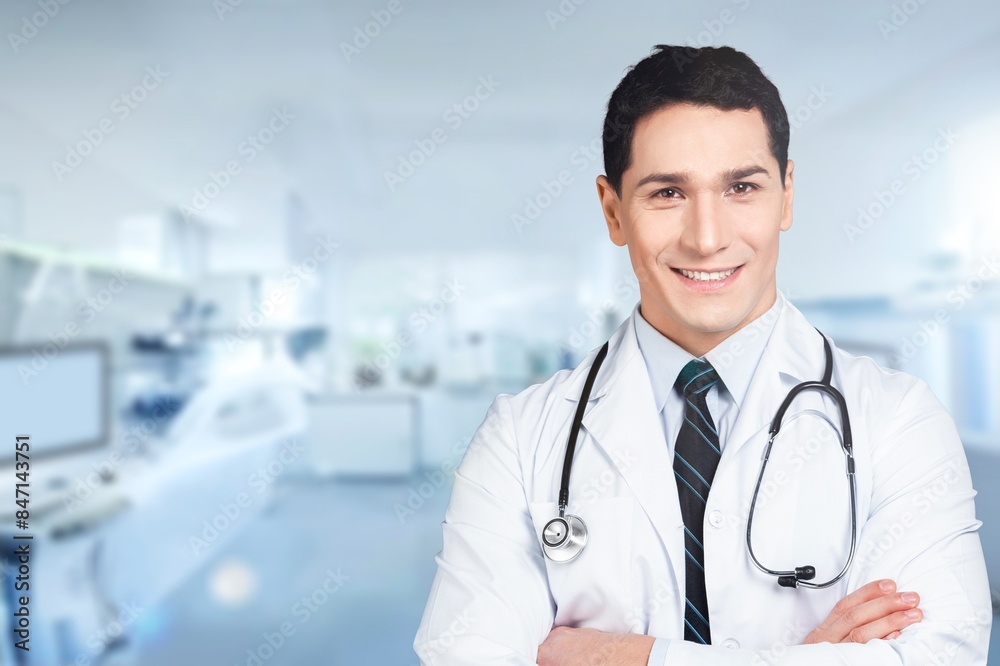 A serious doctor in a white coat with stethoscope A serious doctor in a white coat with stethoscope