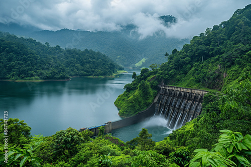 A hydroelectric dam releasing water into a river in a dense tropical rainforest, with mist-covered mountains in the backdrop.