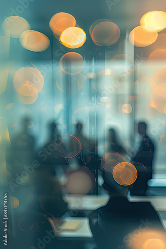 A Blurred Office Meeting Background Depicts a Group of Business People Engaged in a Boardroom Discussion, Executive Seminar, or Professional Training Session.