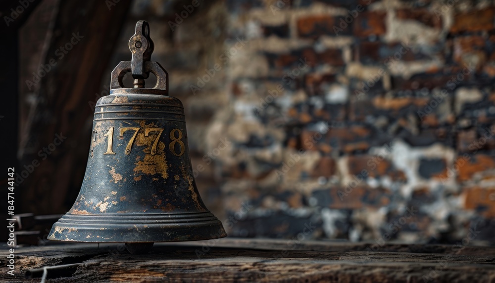 Obraz premium Old antique rusted metal bell marked with 1778, displayed against a weathered brick wall background.