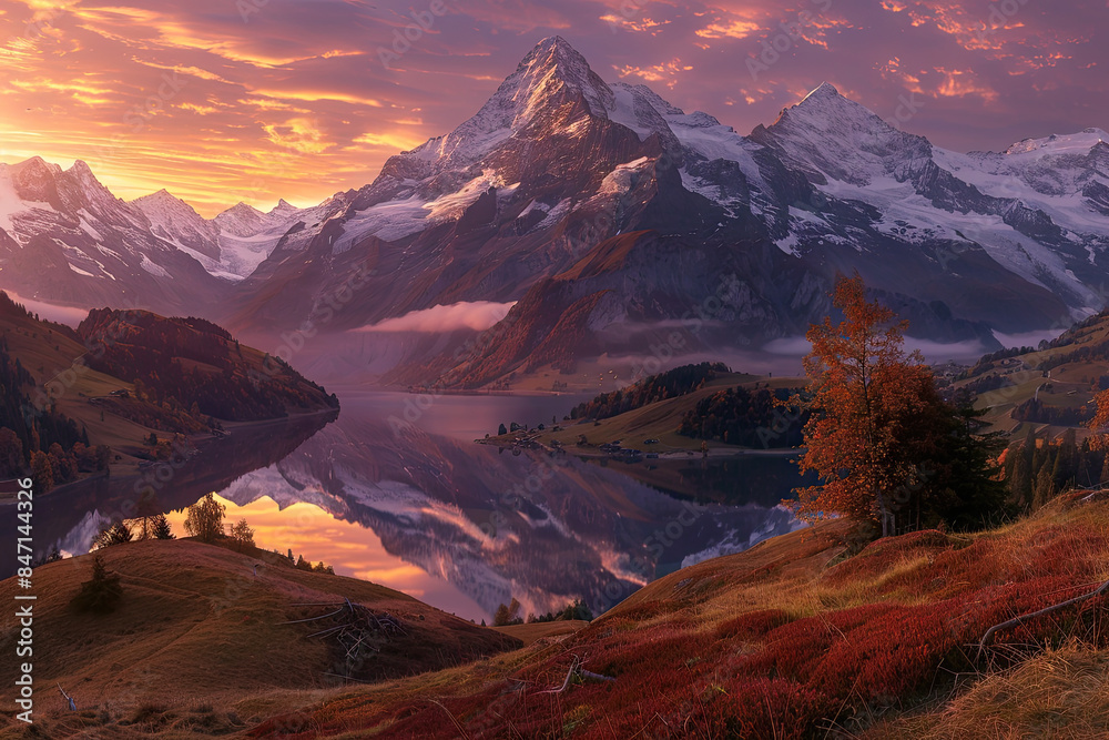 Naklejka premium A breathtaking evening panoramascene captures a picturesque autumn sunset in the beauty of nature.