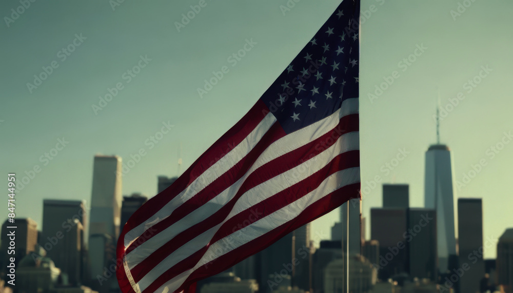 Naklejka premium Labor Day in the USA, Independence Day in the USA, holiday in the USA. the US flag on the background of the city. The American flag