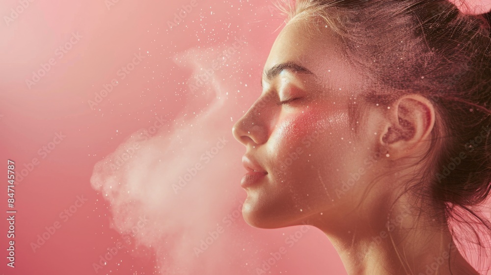 A woman with her eyes closed inhales a fine pink mist in front of a pink background. A woman with her eyes closed inhales a fine pink mist in front of a pink background.