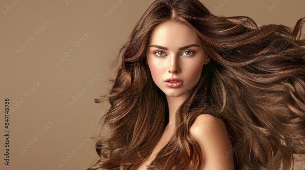 A woman with long brown hair is standing in front of a tan background A woman with long brown hair is standing in front of a tan background