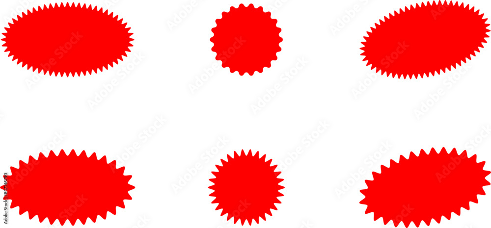 Fototapeta premium Starburst red sticker set. Star burst price icon. Promo stickers with star edges. Star burst price icon. Round sale tag badge. Circle sale buttons. Sunburst label isolated on white background. Vector