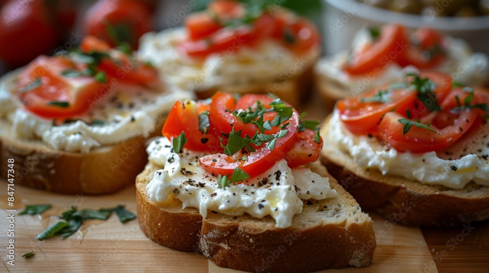 Close-up of toasts with cream cheese and red pepper on the table. Close-up of toasts with cream cheese and red pepper on the table.