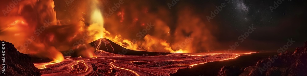 Naklejka premium Volcano erupts, spewing lava and flames. Glowing crater lights up the night, a fiery natural disaster.