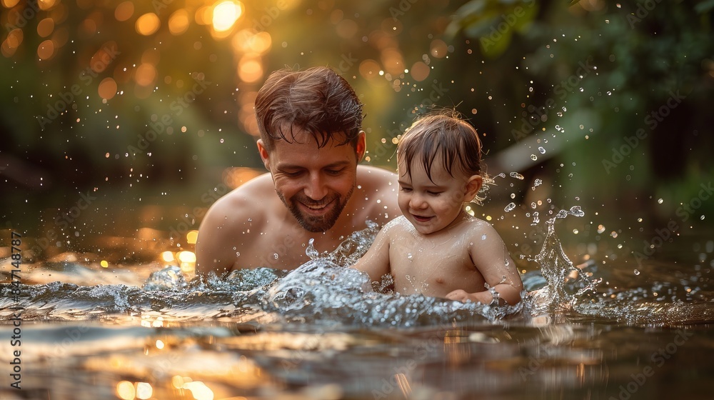 an adult and a child walking along the seashore at sunset. Splashes of water and sun rays create a warm, golden atmosphere an adult and a child walking along the seashore at sunset. Splashes of water and sun rays create a warm, golden atmosphere