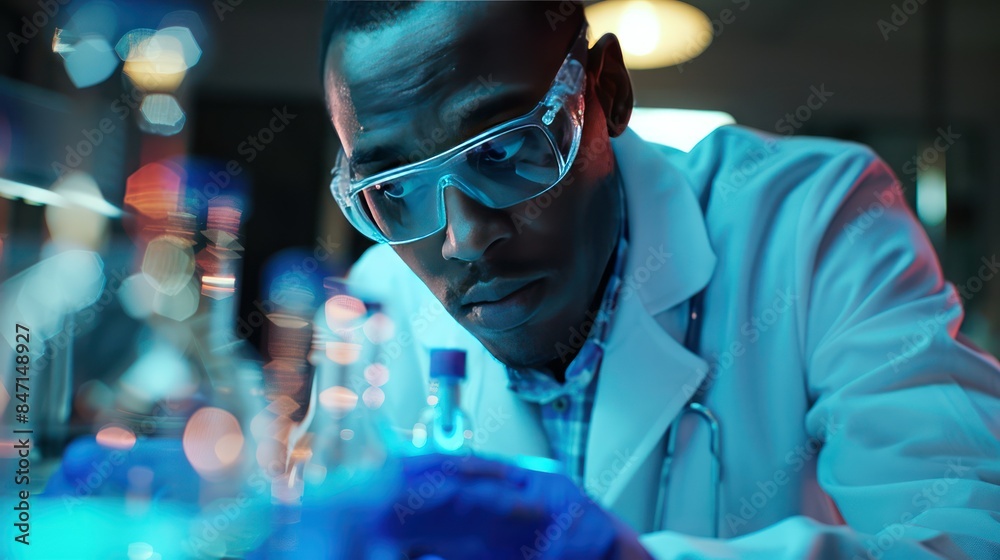 Doctor testing in medical lab with ambient light Doctor testing in medical lab with ambient light
