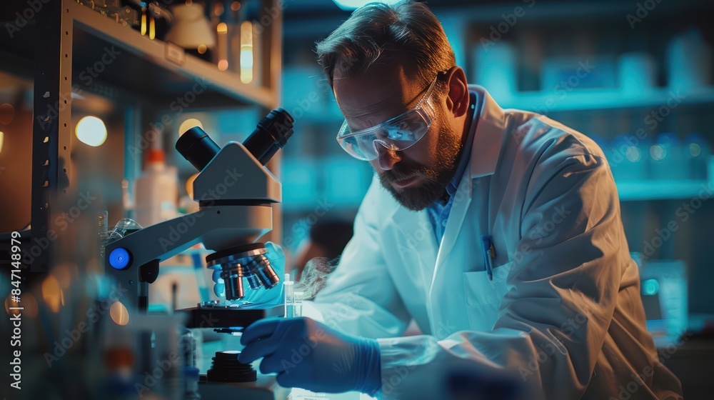 Doctor testing in medical lab with ambient light Doctor testing in medical lab with ambient light