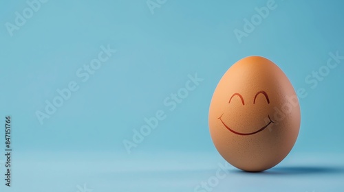 A single brown egg with a happy face drawn in black marker, placed on a bright blue background with ample copy space.
