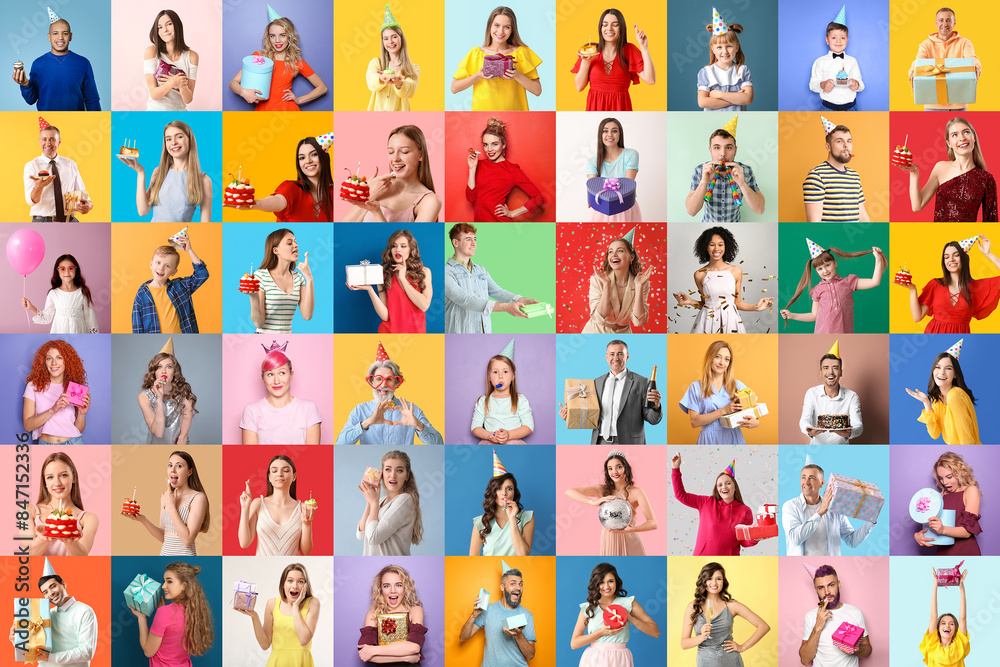 Big group of different people celebrating Birthday on color background Big group of different people celebrating Birthday on color background