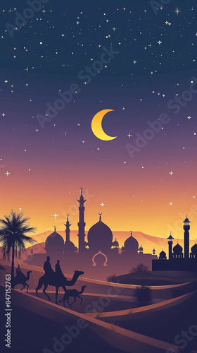 People on camels under moon, a night sky with stars, a mosque silhouette in the background