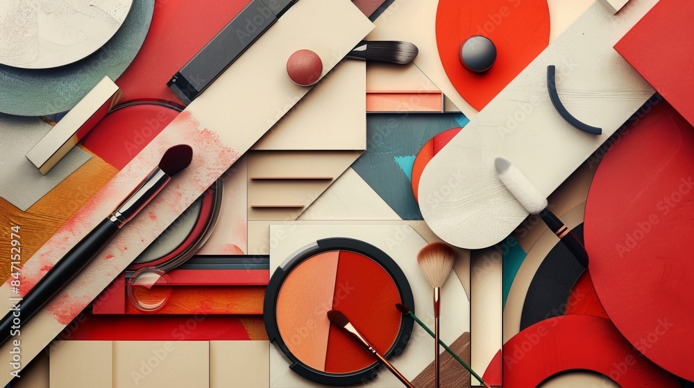 An abstract flat lay background featuring professional makeup products, representing the beauty industry's accessories. 