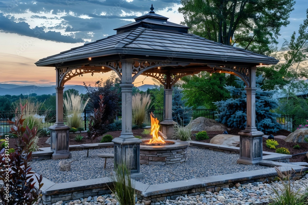 Obraz premium Fire pit is burning brightly under an elegant gazebo, creating a warm and inviting atmosphere for relaxation and enjoyment