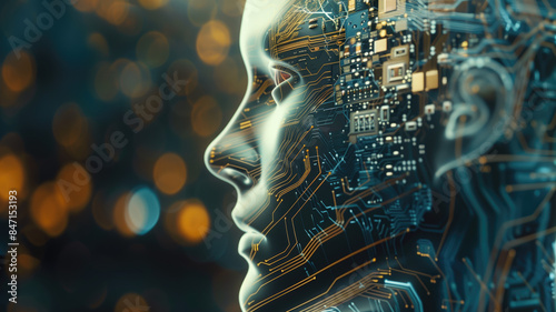 Realistic Artificial intelligence. Computer mind connections head. Human head with circuit board inside. Engineering concept. Technology web background. Virtual concept 