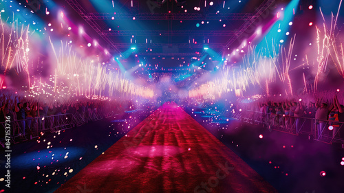 red carpet leading to red velvet stage, with glittering lights and cheering crowd in the background, created with generative ai photo