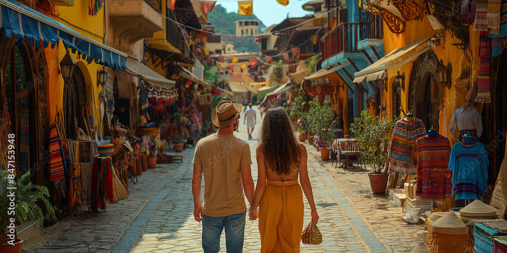 Obraz premium A couple strolls through the historic streets of an old European town, enjoying their romantic vacation.
