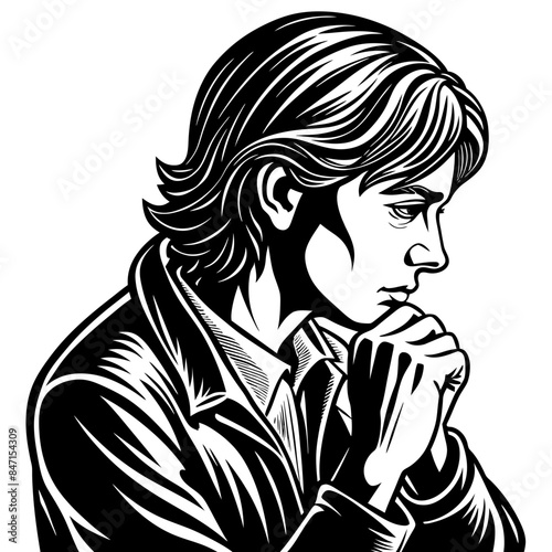 a person in a thoughtful pose with their hand vector illustration