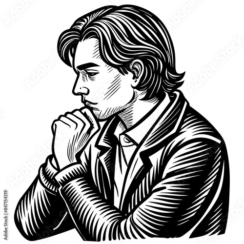 a person in a thoughtful pose with their hand vector illustration
