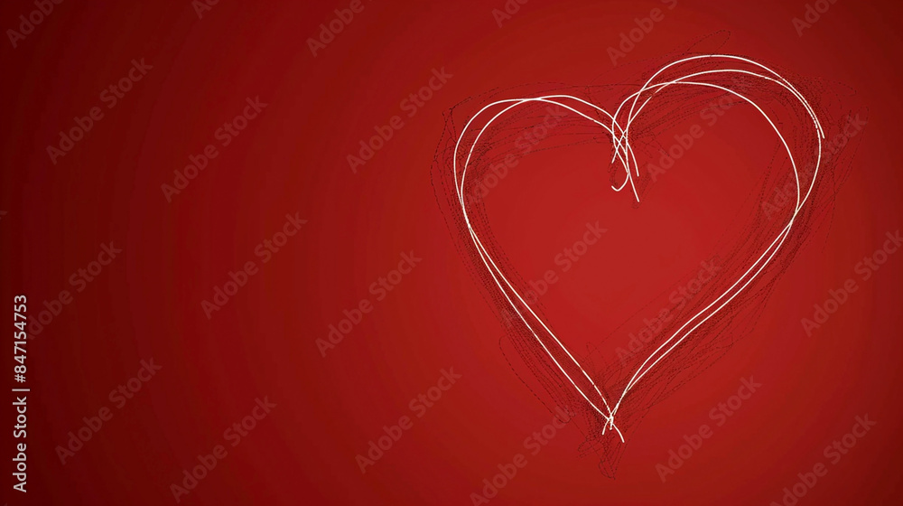 wide horizontal valentine day background image of maroon color abstract heart shape line drawing sketch drawn on a red background with empty copy space