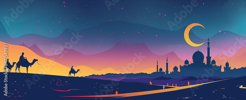 People on camels under moon, a night sky with stars, a mosque silhouette in the background