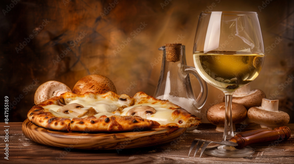 gourmet pizza with mushrooms and glass of white wine in rustic setting gourmet pizza with mushrooms and glass of white wine in rustic setting