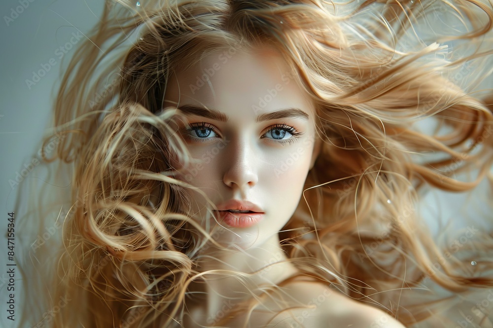 Beautiful young woman with long, flowing blonde hair and piercing blue eyes Beautiful young woman with long, flowing blonde hair and piercing blue eyes
