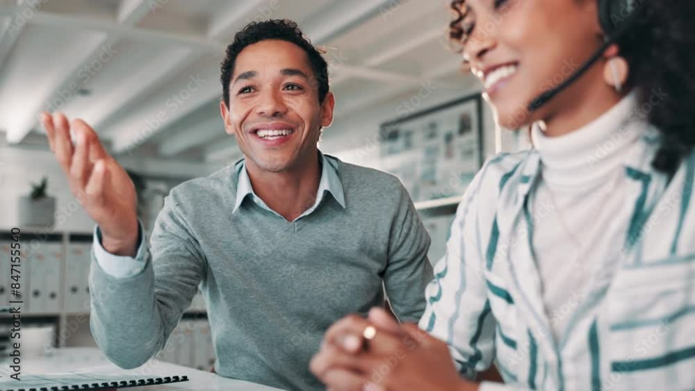 Businessman, call center and coaching with intern for help, customer service or support at office. Young man training female person, agent or junior consultant on computer for job or online advice